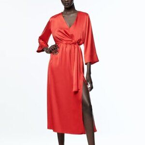 ZARA RED SATIN DRESS WITH BOW